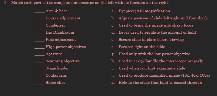 Solved C. e. 2. Match each part of the compound microscope | Chegg.com