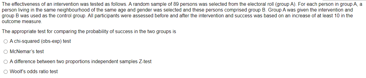 Solved The effectiveness of an intervention was tested as | Chegg.com