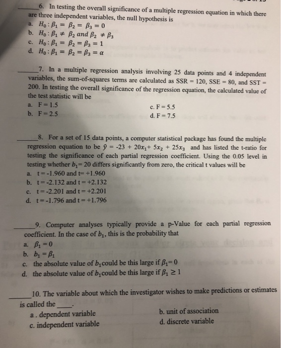 Solved 6. In testing the overall significance of a multiple | Chegg.com