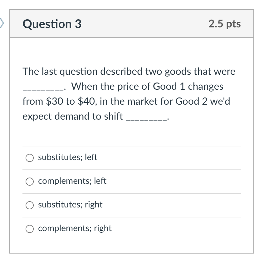 Solved Question 2 2 pts When the price of Good 1 changed | Chegg.com