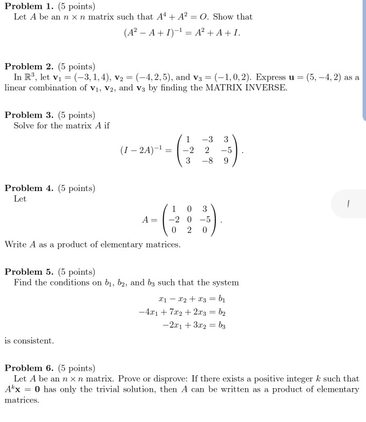 Solved Problem 1. (5 Points) Let A Be An N X N Matrix Such | Chegg.com