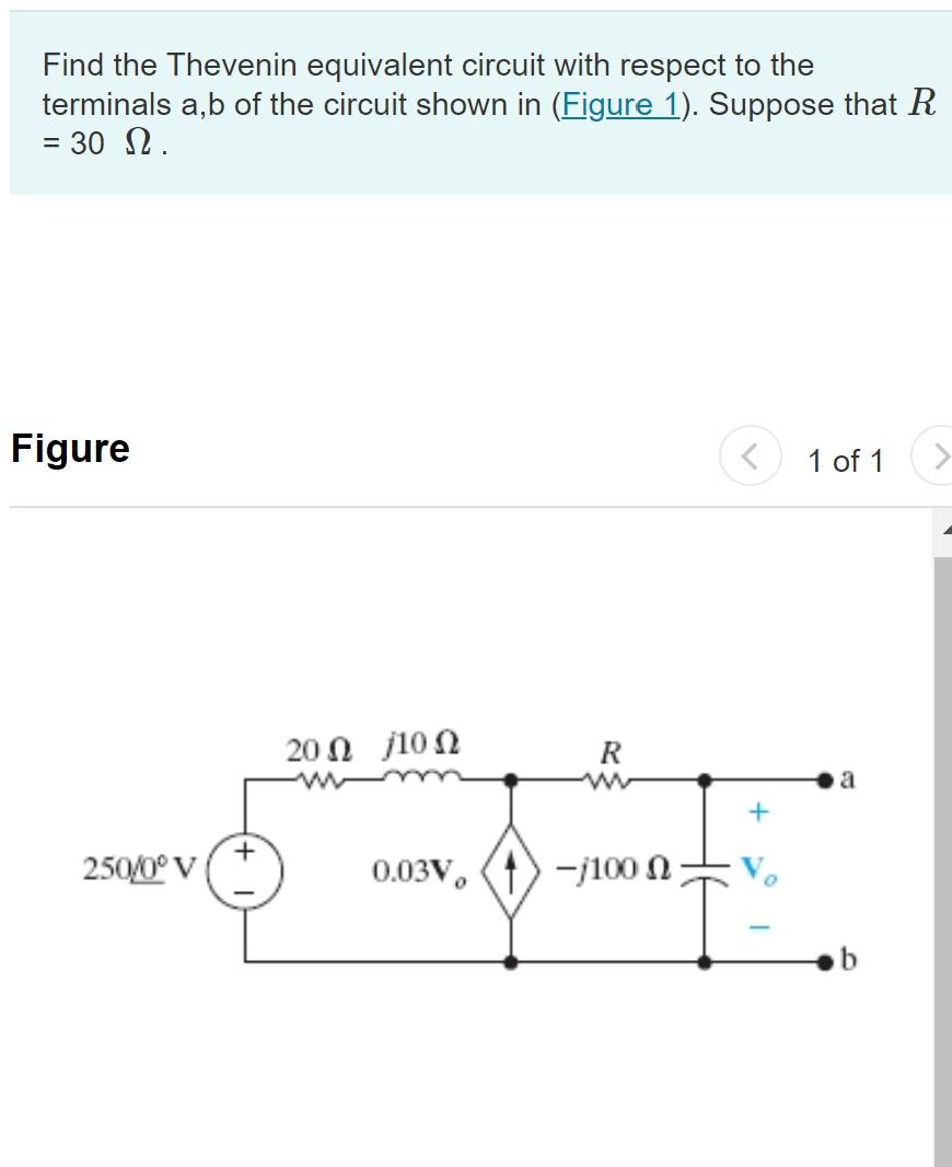 Find the Thevenin equivalent circuit with respect to the
terminals a, b of the circuit shown in (Figure 1). Suppose that R
= 