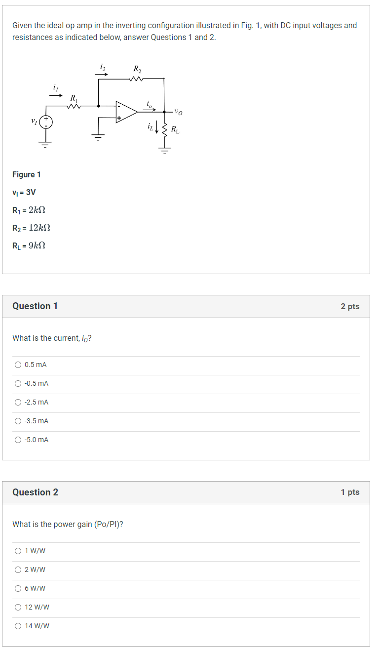 Given the ideal op amp in the inverting configuration illustrated in Fig. 1, with DC input voltages and resistances as indica