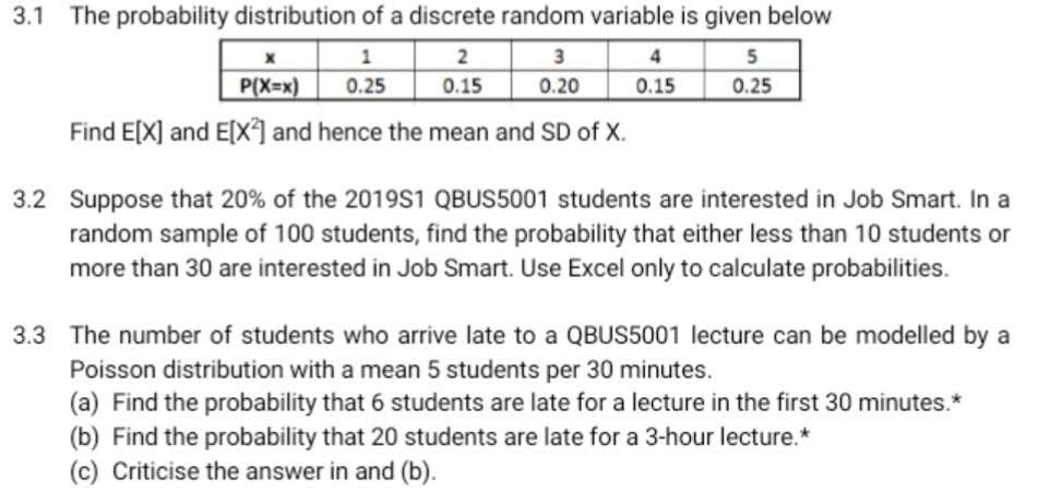 Solved 3.1 The probability distribution of a discrete random | Chegg.com