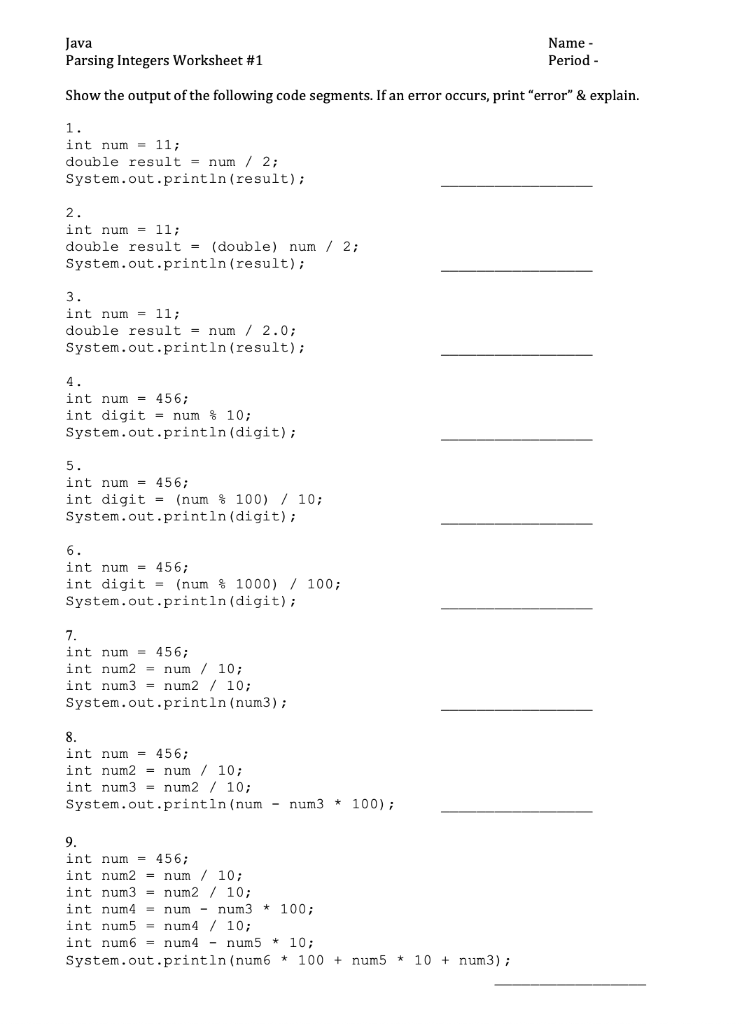Solved Java Parsing Integers Worksheet #1 Name - Period - | Chegg.com