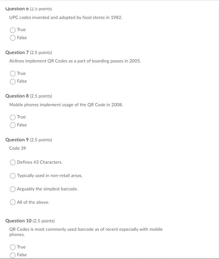 Solved Question 6 (2.5 points) UPC codes invented and | Chegg.com