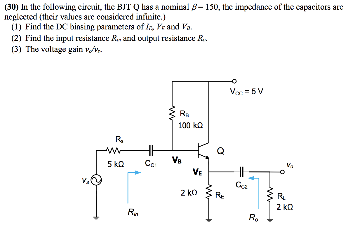 Solved (30) In the following circuit, the BJT Q has a | Chegg.com