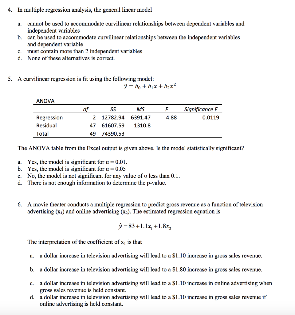 Solved 4. In multiple regression analysis, the general | Chegg.com