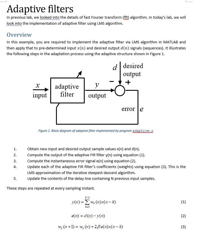 Adaptive filters In previous lab, we looked into the | Chegg.com image.
