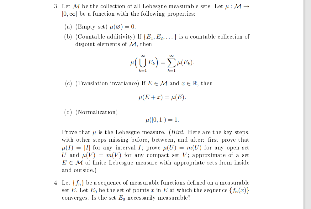 Solved 3. Let M be the collection of all Lebesgue measurable | Chegg.com