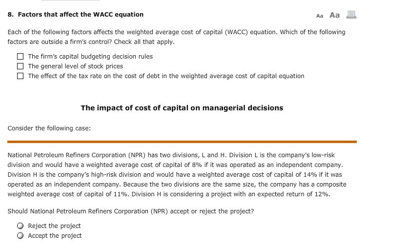 Solved AaAa且 8. Factors that affect the WACC equation Each | Chegg.com