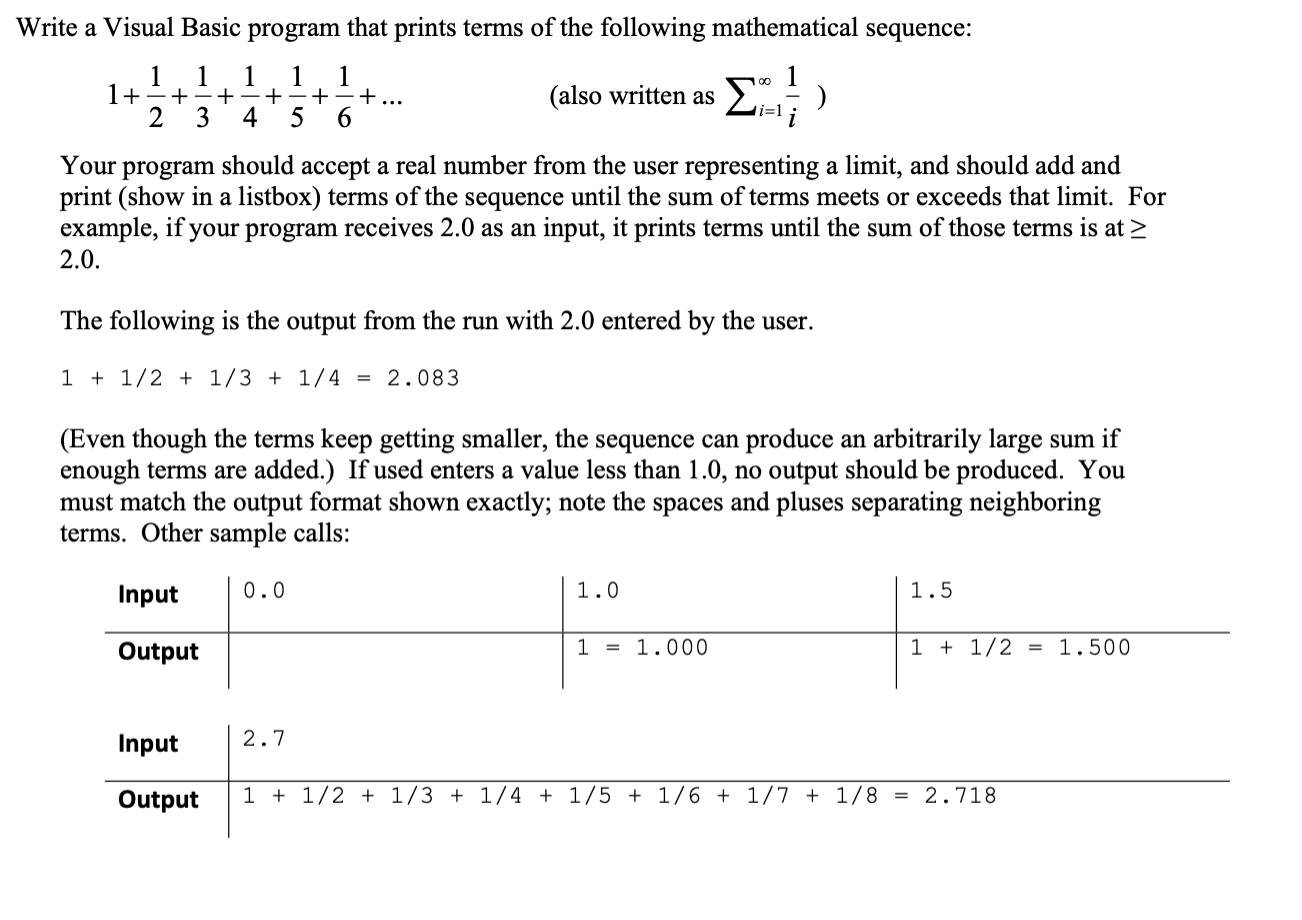 Write a Visual Basic program that prints terms of the | Chegg.com