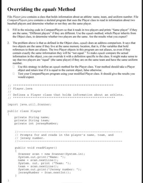 Solved Overriding the equals Method File Player java | Chegg.com