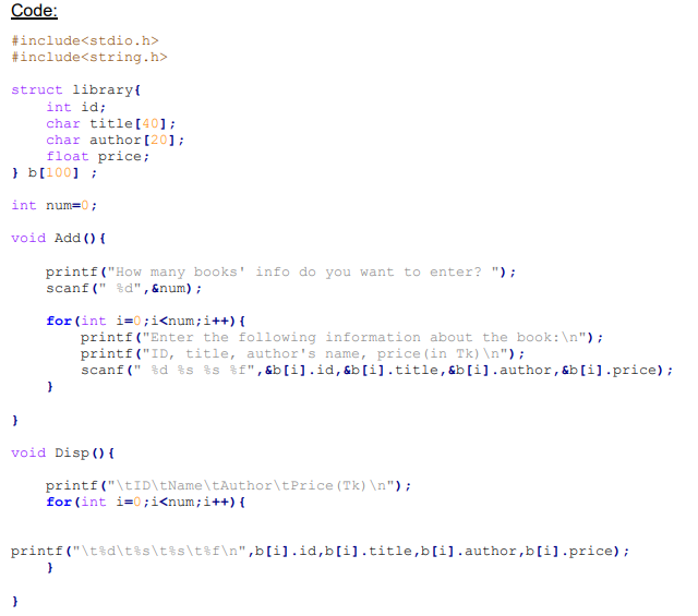 Solved Code: #include #include struct library! int id; char | Chegg.com