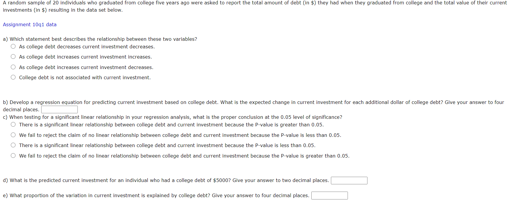 Solved A random sample of 20 individuals who graduated from | Chegg.com