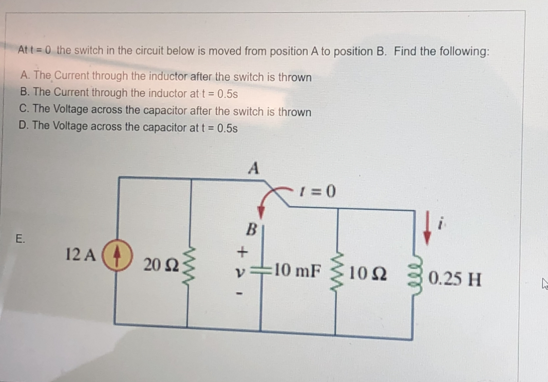 Solved At t=0 the switch in the circuit below is moved from | Chegg.com