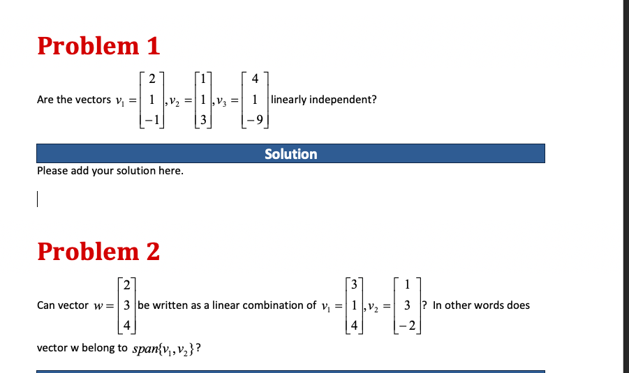 Solved Problem 1 4 2 Are the vectors v; = 1 ,v2 = V3 1 | Chegg.com