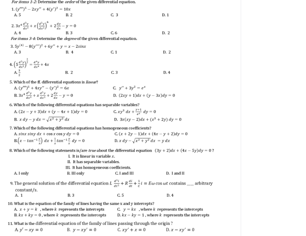 Solved For items 1-2: Determine the order of the given | Chegg.com