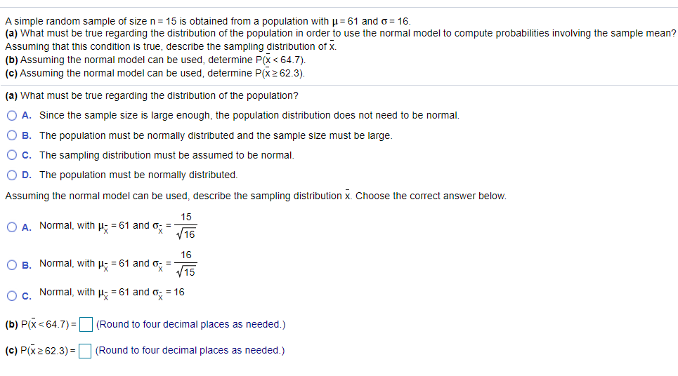 Solved A simple random sample of size n= 15 is obtained from | Chegg.com