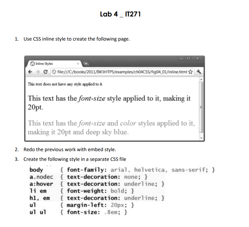 Solved Lab 4 _IT271 1. Use CSS inline style to create the | Chegg.com