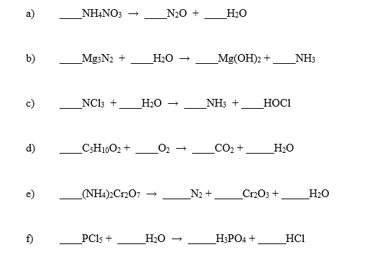 Solved a) NH4NO3 N20 + H2O b) Mg3N2 + H2O Mg(OH)2 + NH3 c) | Chegg.com