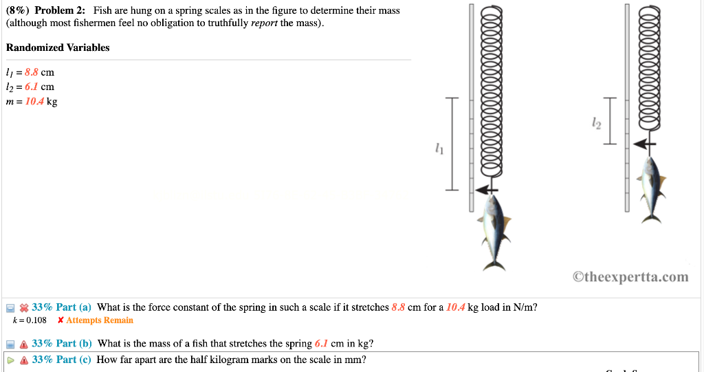 8%) Problem 2: Fish are hung on a spring scales as