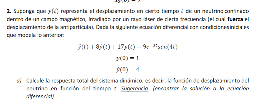 2. Suponga que \( y(t) \) representa el desplazamiento en cierto tiempo \( t \) de un neutrino confinado dentro de un campo m