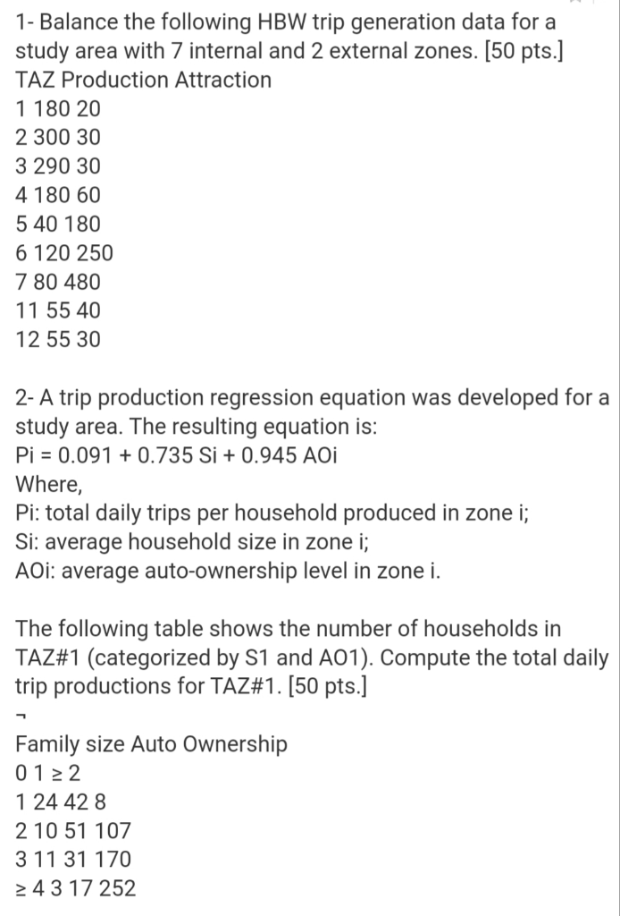 Solved 1- Balance the following HBW trip generation data for