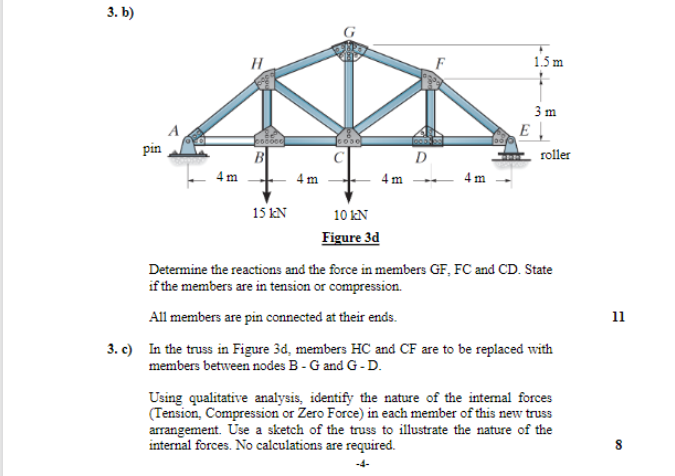 Solved 3. B) H 4m 4 M 4 M 000000 Pin B Roller 4 M 15 KN 10 | Chegg.com