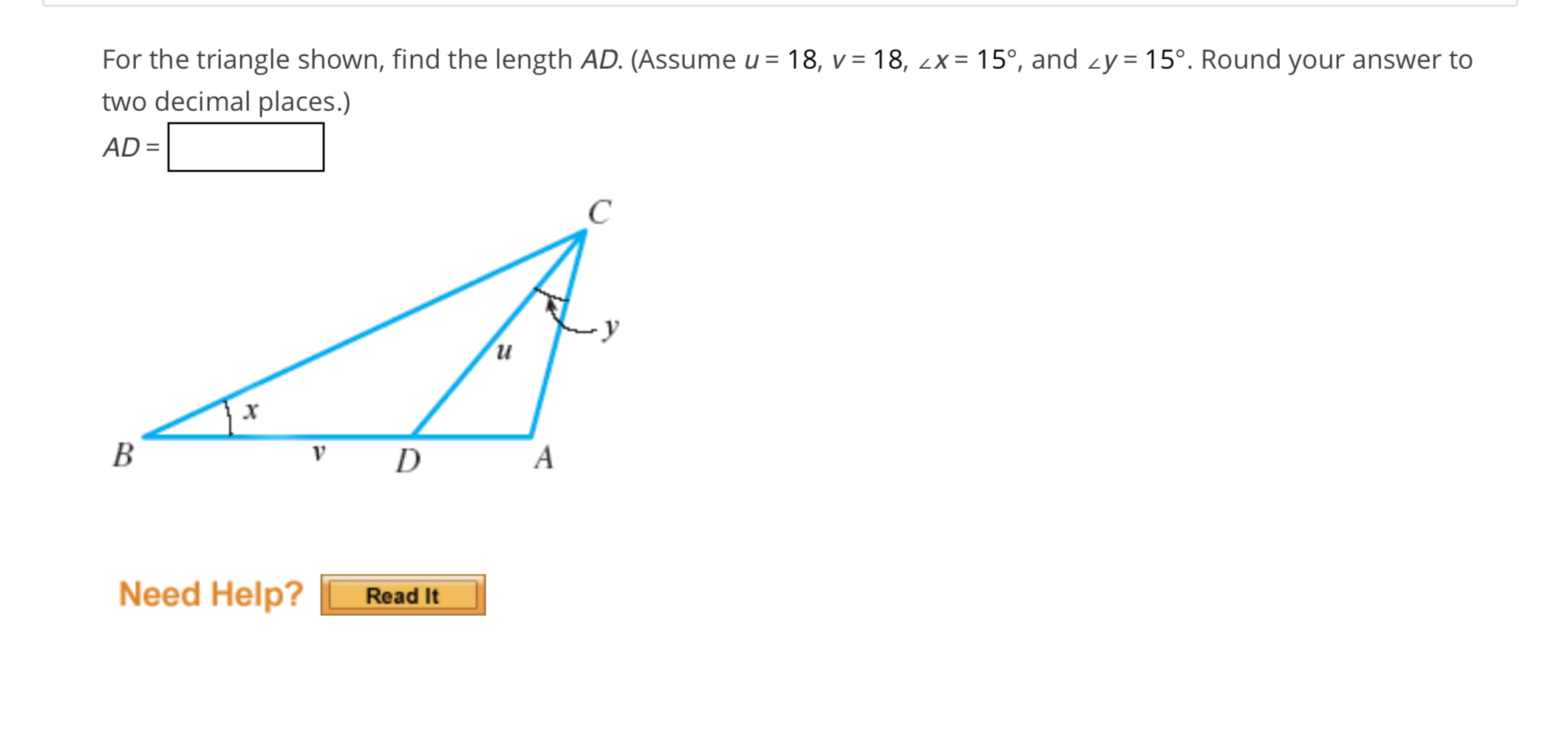 Solved For the triangle shown, find the length AD. (Assume u | Chegg.com