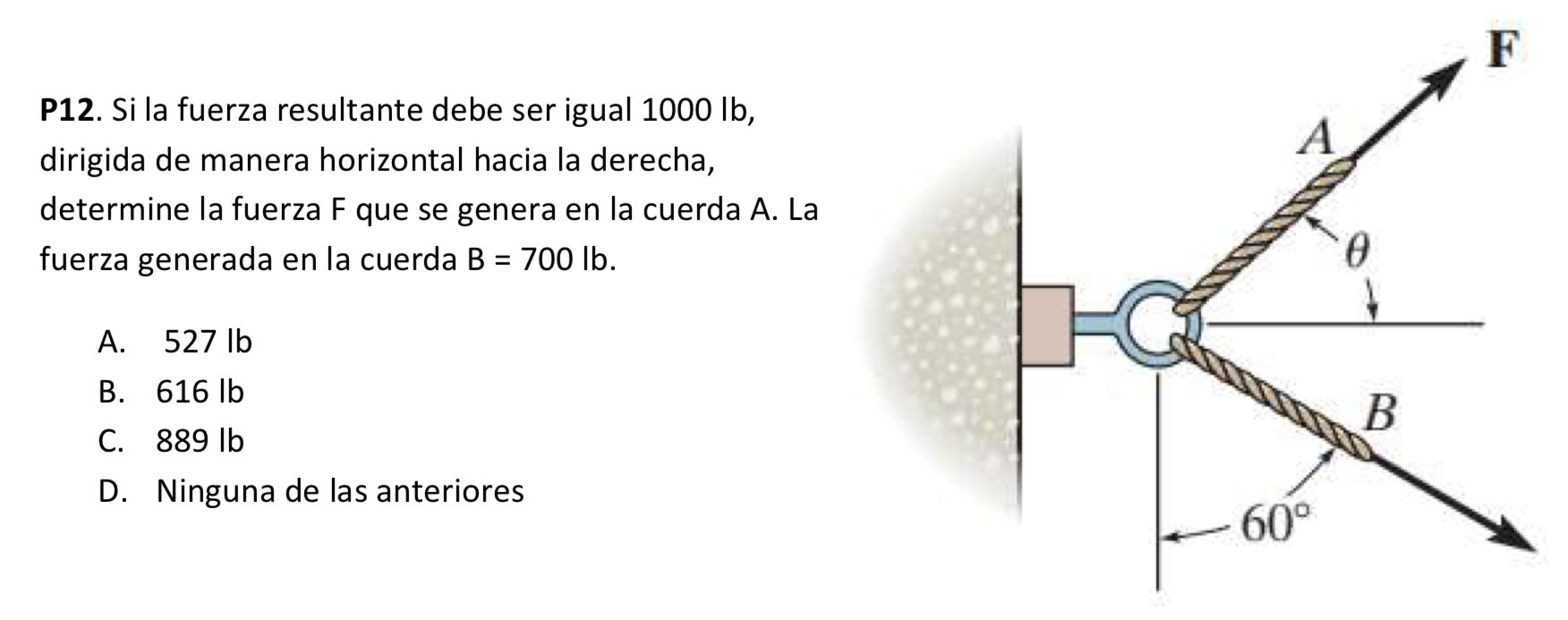 P12. Si la fuerza resultante debe ser igual \( 1000 \mathrm{lb} \), dirigida de manera horizontal hacia la derecha, determine