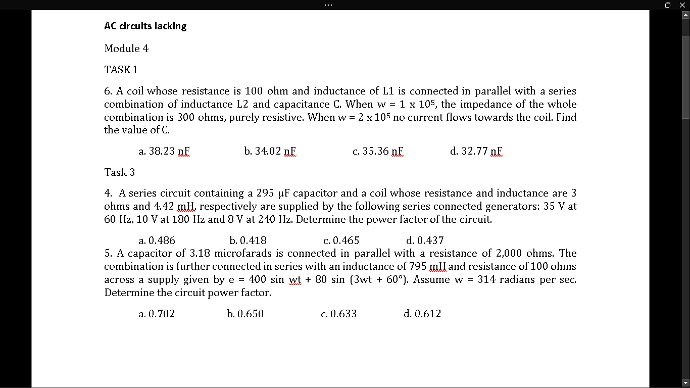 Solved AC circuits lacking Module 4 TASK 1 6. A coil whose | Chegg.com