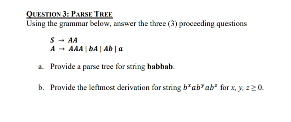 Solved QUESTION 3: PARSE TREE Using The Grammar Below, | Chegg.com