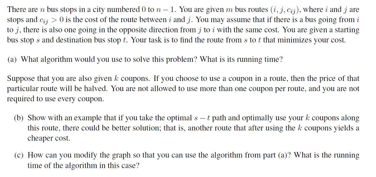 Solved There are n bus stops in a city numbered 0 to n – 1. | Chegg.com