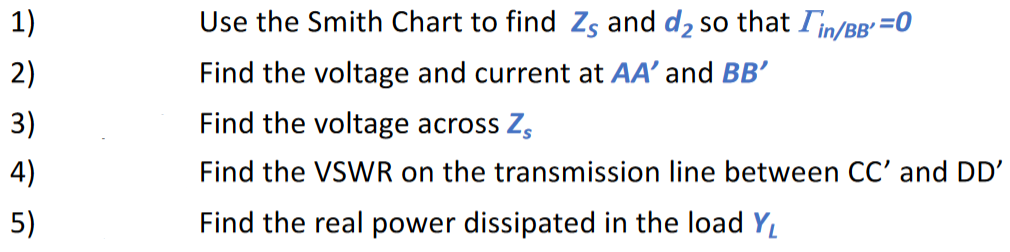 1)
2)
3)
4)
5)
Use the Smith Chart to find Zs and d2 so that I in/BB=0
Find the voltage and current at AA and BB
Find the v