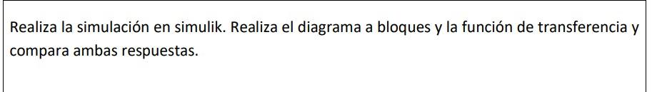 Realiza la simulación en simulik. Realiza el diagrama a bloques y la función de transferencia y compara ambas respuestas.
