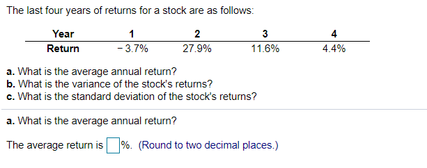 Solved The last four years of returns for a stock are as | Chegg.com