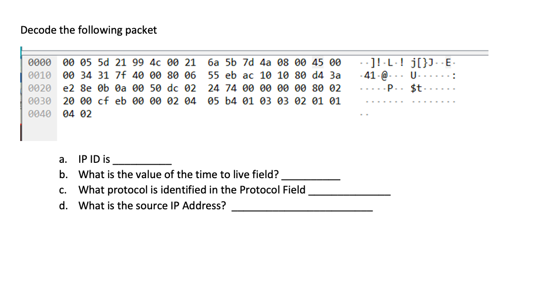 Solved Decode the following packet 0000 0010 0020 0030 0040 | Chegg.com