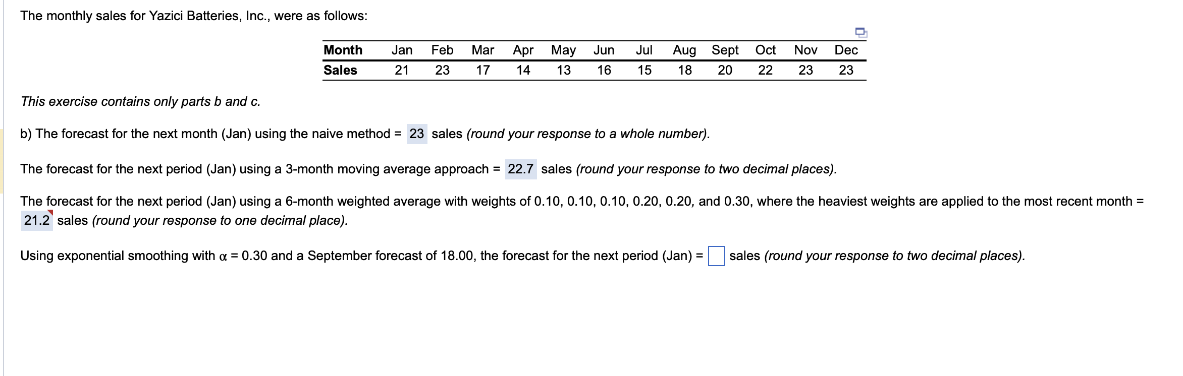 Solved The monthly sales for Yazici Batteries, Inc., were as