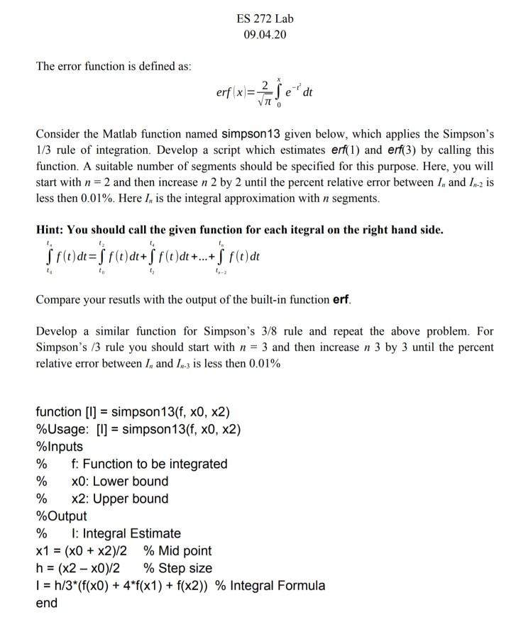 Es 272 Lab 09 04 The Error Function Is Defined Chegg Com