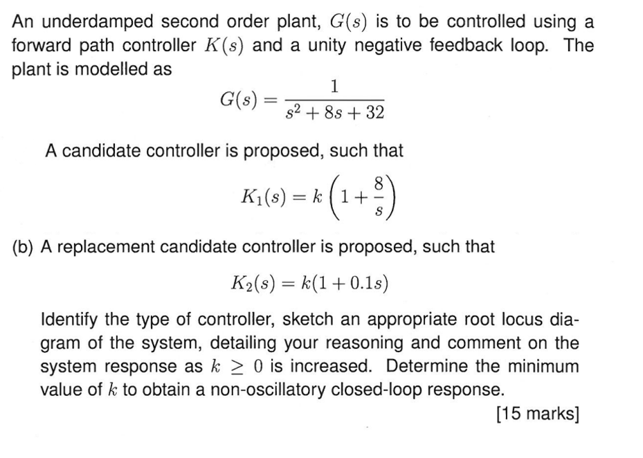 Solved An underdamped second order plant, G(s) is to be | Chegg.com