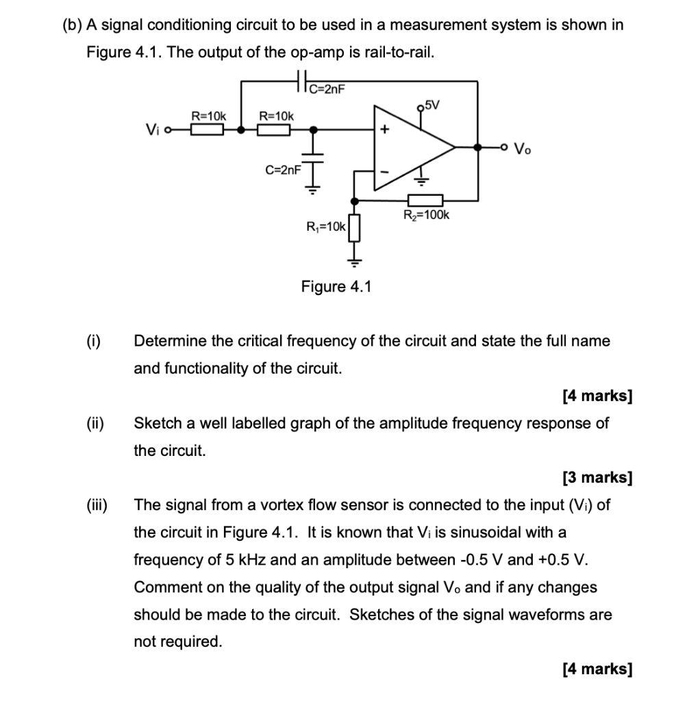 (b) A signal conditioning circuit to be used in a measurement system is shown in
Figure 4.1. The output of the op-amp is rail