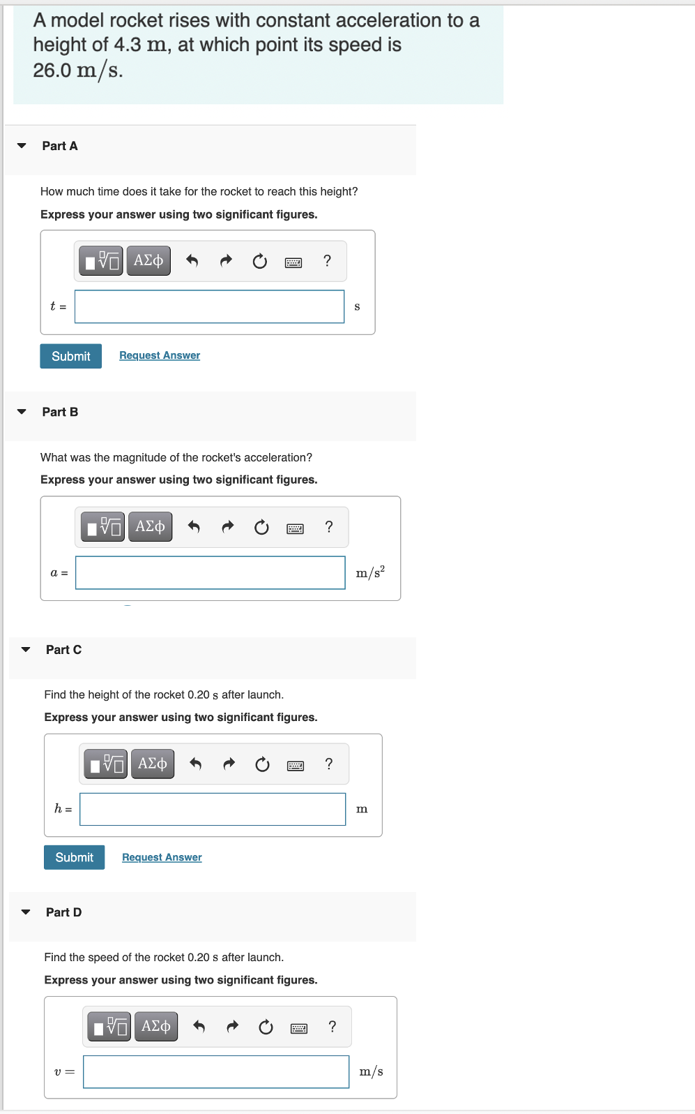Solved A model rocket rises with constant acceleration to a