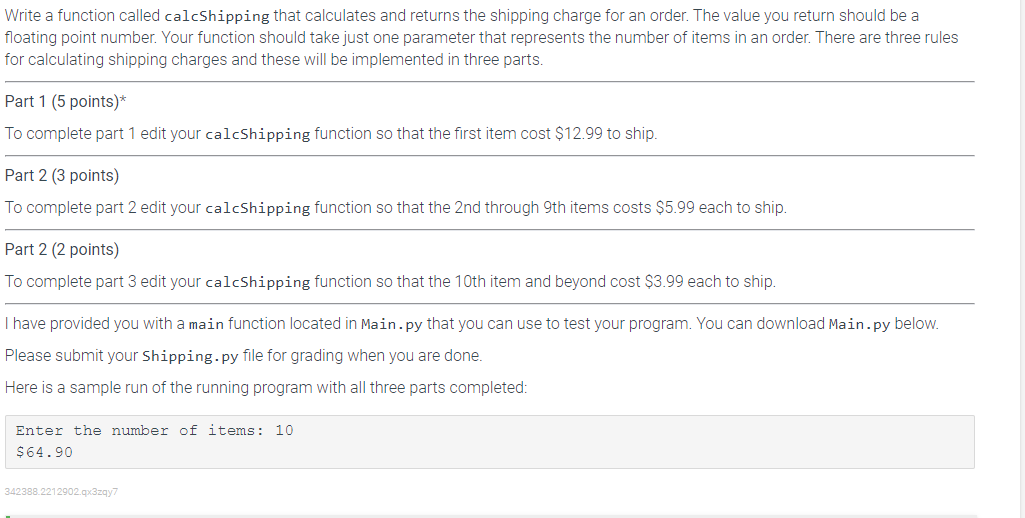 Solved Write a function called calcShipping that calculates | Chegg.com