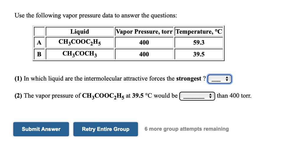 Solved Use The Following Vapor Pressure Data To Answer The | Chegg.com