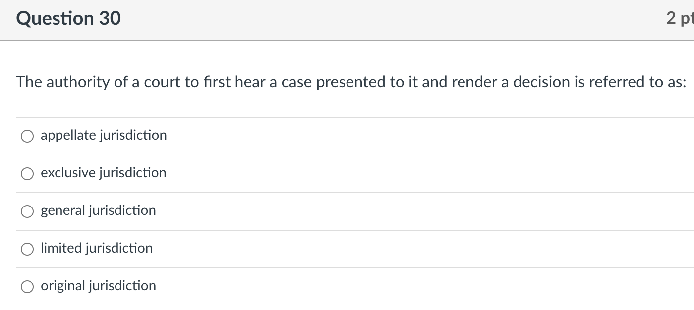 Solved Question 30 2 pt The authority of a court to first