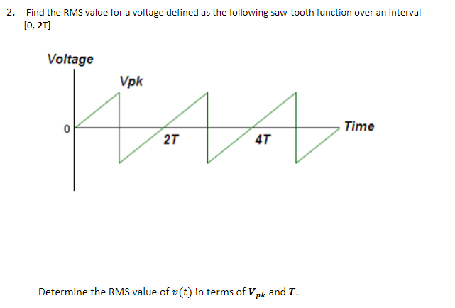 Solved Find the RMS value for a voltage defined as the | Chegg.com