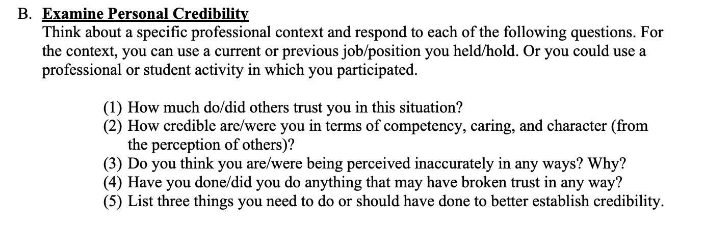 Solved B. Examine Personal Credibility Think about a | Chegg.com