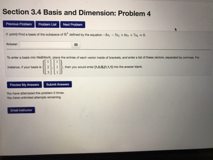 Solved Section 3.4 Basis and Dimension: Problem 4 Previous | Chegg.com