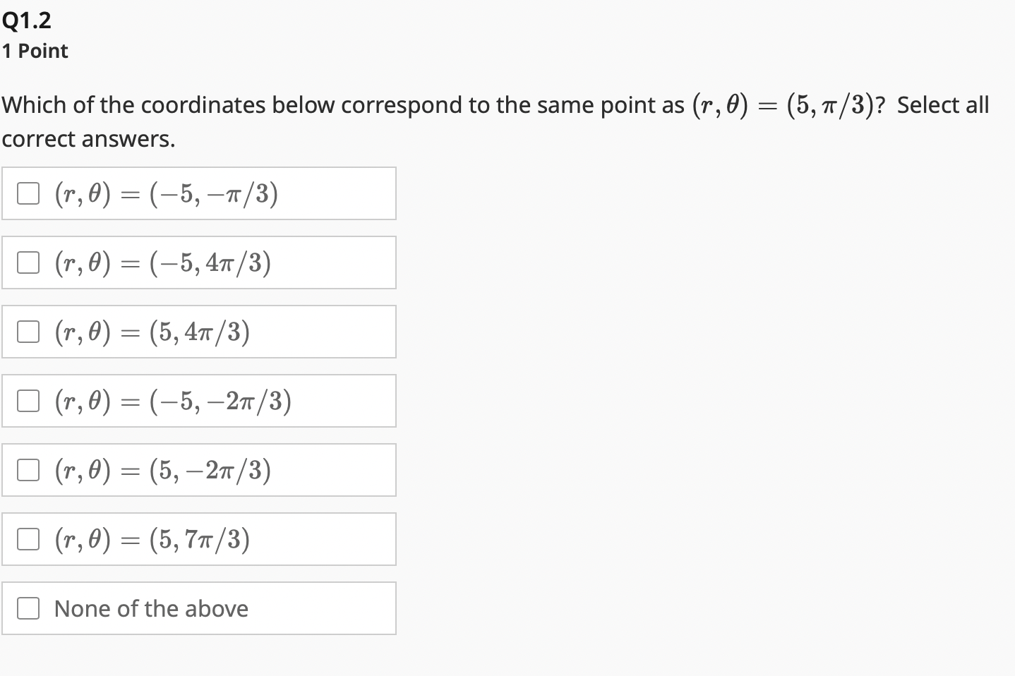 Solved 1 Point Which of the Cartesian coordinates below | Chegg.com